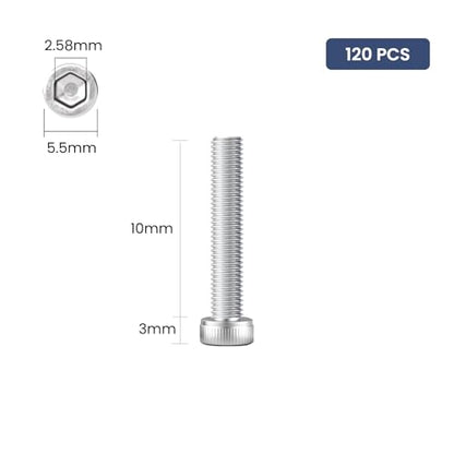 120pcs M3 x 10mm Hex Socket Head Cap Screws Bolts, 304 Stainless Steel 18-8, Allen Socket Drive,Bright Finish, Full Threads,with Hex Spanner - size: M3 x 10mm