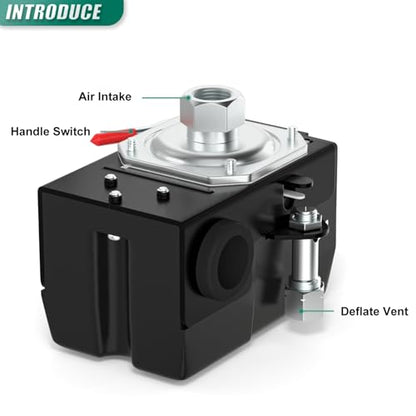 1 Way Air Compressor Pressure Switch Control Valve Kit 95-125 PSI, 110V-240V Replacement Parts, With 0-180 Pressure Gauge and Manifold Regulator - size: 95-125 PSI