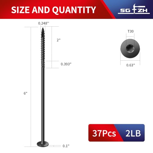 #14 x 6 Inch Outdoor Structural Wood Deck Screws (37Pcs/2lb), Carbon Steel, Black, Flat Head, Rust Resistant Epoxy Coated, T30 Star Bit - color: Black, size: #14 x 6"