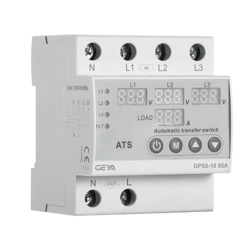 GEYA GPS8-18 80A 110V 3 Phase Automatic Transfer Switch, Dual Power ATS with Over/Under Voltage and Overcurrent Protection, Adjustable Priority Phase Selector, DIN Rail Mount for Generator - size: 3P-80A-AC110V +Digital Display