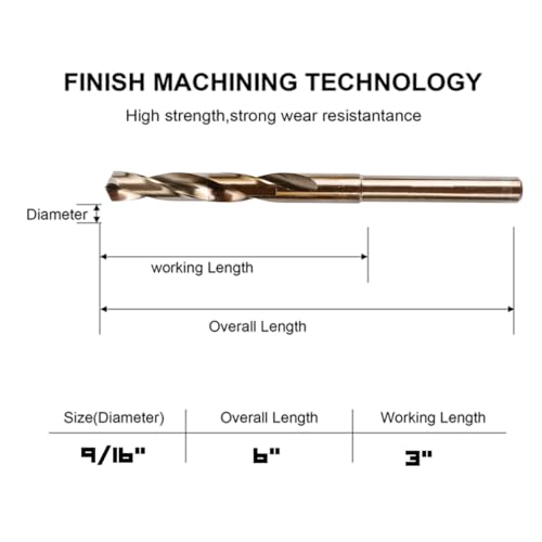 Narwhal 9/16 Inch Cobalt Drill Bits (3 Pack - Industrial Grade M35 Cobalt) 1/2" Shank & 6" Length & 135 Degree Split Point for Drilling Into Metal, Hardened & Stainless Steel, Cast Iron, & More! - size: 9/16 in