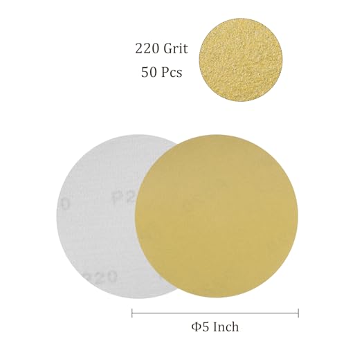 50pcs No Hole Sanding Discs- [ 5 Inch 220 Grit ] Round Hook and Loop Grip Sanding Pads Sheet Sandpaper for Woodworking Metal Polishing Use| Gold, Aluminum Oxide - size: 220 grit