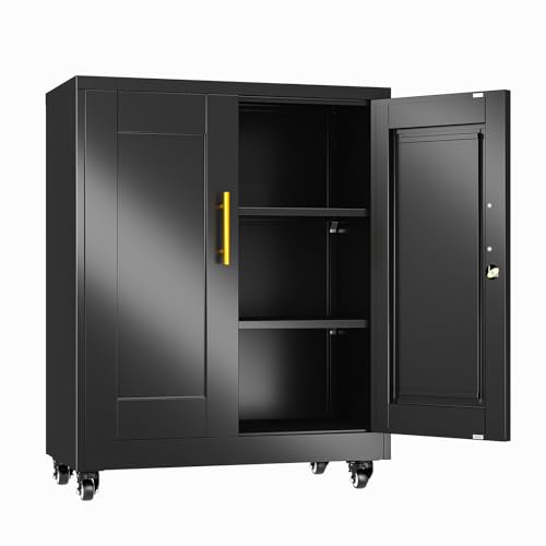 erosoei 35" H Metal Garage Storage Cabinet, Rolling Tool Cabinet with 2 Doors and Wheels, Locker Steel Cabinet with 2 Adjustable Shelves, Organization Cabinet for Garage,Office,Home,Gym,School - color: Black, size: 35" NCasNLck