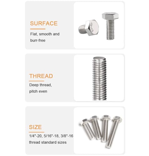 3/8"-16 x 5 Hex Bolts Washers Nuts Set, 20 Pieces, 304 Stainless Steel, Plain Finish - size: 3/8-16" x 5" (4 Pack)