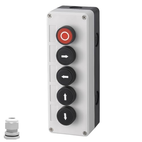 22mm Momentary Push Button Switch Station Box Emergency Stop Buttons IP65 Waterproof Control Switch for Gate Opener Self-Resetting Self-Locking Industrial Hand-Held Control Box(Five Button) - size: 5 Button ( ↑ ↓ ← → O )