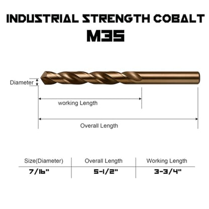 Narwhal 7/16 Inch Cobalt Drill Bits (3 Pack - Industrial Grade M35 Cobalt) 5-1/2" Length & 135 Degree Split Point for Drilling Into Metal, Hardened & Stainless Steel, Cast Iron, & More! - size: 7/16 in