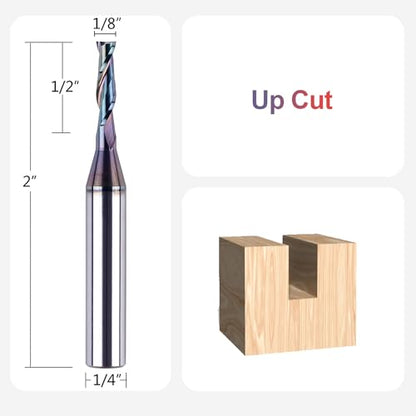 SpeTool 1/8 Inch Upcut CNC Router Bits 1/4 Inch Shank with Extra Long Life Coating,1/2 Inch Cutting Length 2 Inch OVL Solide Carbide End Mill Slot Woodworking Carving Tool - size: 1/8" Dia - 1/2" CL -1/4" Shank, style: UP CUT