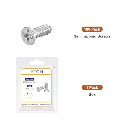 DTGN 100Pcs M4.2x14mm Flat Head Wood Screws, 304 Stainless Steel Phillips Self Tapping Screws - Good for Woodworking, Furniture - Silver - size: M4.2x14mm
