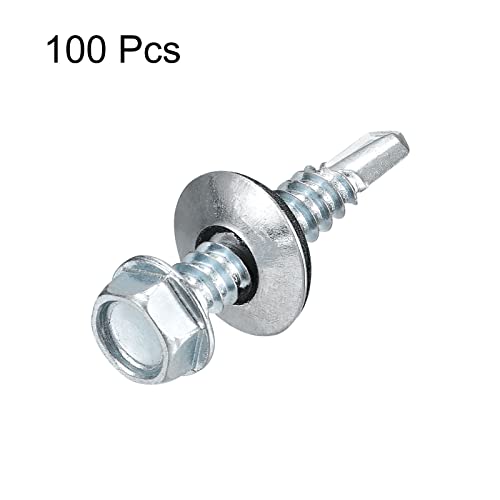 uxcell #14 x 1-1/4" Self Drilling Screws with Rubber Washer, 100pcs Zinc Plated Steel Roofing Screws Hex Head Self Tapping Screws with EPDM Washer for Metal to Metal - size: #14 x 1-1/4"