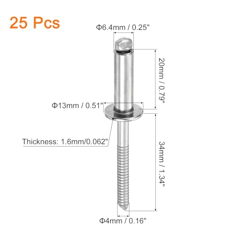 uxcell 25Pcs 1/4"x3/4" 304 Stainless Steel Dome-Head Blind Rivets, Open-End Type Blind Rivets for DIY, Sheet Metal, Automotive Repairs, Furniture, Boat, and Duct Work (Silver) - color: Silver, size: 1/4"x3/4"