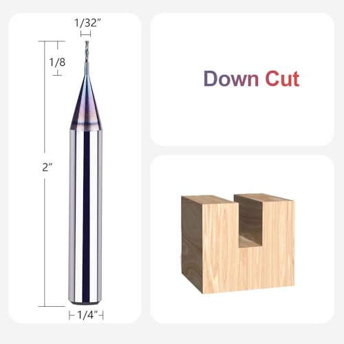 SpeTool 1/32 Down Cut CNC Router Bits 1/4 Inch Shank with TAC Long Life Coated , Solid Carbide Spiral End Mill Plunge Cut for Wood Engraving Carving - size: 1/32" Dia - 1/8" CL -1/4" Shank, style: DOWN CUT