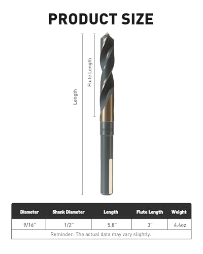 COMOWARE 9/16" Reduced Shank Drill Bit, M2, Black & Gold Drill Bit with 3-Flat 1/2" Shank, 135° Split Point, Metal Drills Bits for Steel/Aluminum/Iron/Plastic/Wood, for Electricians & DIY - color: 9/16