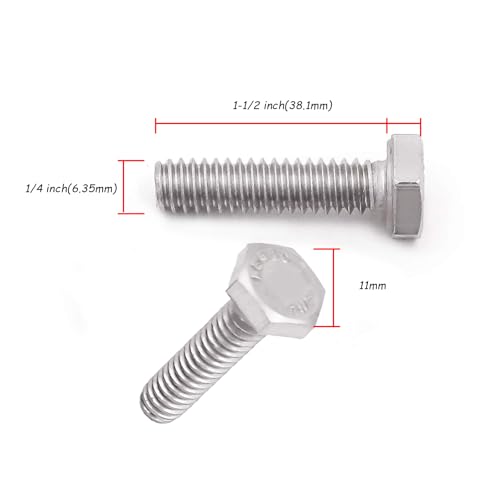 KINJOEK 100 Pieces 1/4-20 x 1-1/2 Inch Stainless Steel Hex Bolts, Hex Head Cap Screw Bolts, 18-8 304 S/S Fully Threaded Hexagon Bolts Fastener - size: 1/4-20 x 1-1/2 Inch