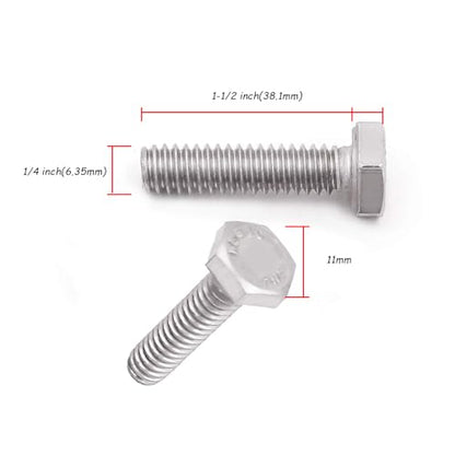 KINJOEK 100 Pieces 1/4-20 x 1-1/2 Inch Stainless Steel Hex Bolts, Hex Head Cap Screw Bolts, 18-8 304 S/S Fully Threaded Hexagon Bolts Fastener - size: 1/4-20 x 1-1/2 Inch