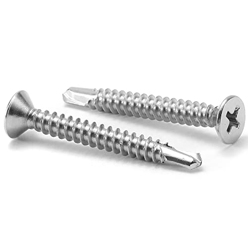 #8 x 1-1/2" Sheet Metal Screws 100Pcs 410 Stainless Steel Flat Head Tek Screws Fast Self Tapping Screws by SG TZH - size: #8 x 1-1/2"