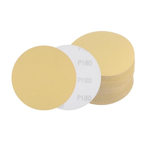 50pcs No Hole Sanding Discs- [ 5 Inch 180 Grit ] Round Hook and Loop Grip Sanding Pads Sheet Sandpaper for Automotive Woodworking Metal Polishing Use| Gold, Aluminum Oxide - size: 180 grit