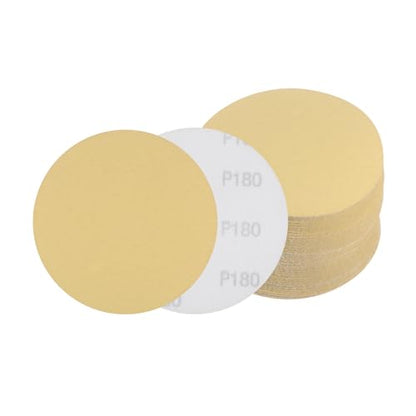 50pcs No Hole Sanding Discs- [ 5 Inch 180 Grit ] Round Hook and Loop Grip Sanding Pads Sheet Sandpaper for Automotive Woodworking Metal Polishing Use| Gold, Aluminum Oxide - size: 180 grit
