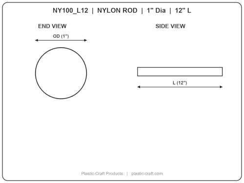 Plastic-Craft | Extruded Nylon Round Rod, Black, 1" OD x 12" L