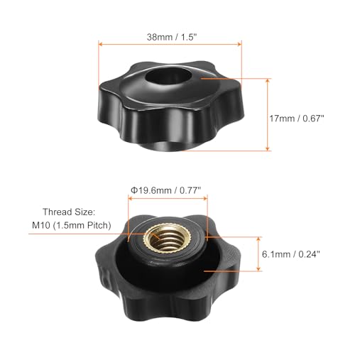HARFINGTON 10pcs Star Knobs M10 Female Thread 38mm Head Plastic Through Hole Brass Screw-in Clamping Handles Threaded Hand Knobs, Black - color: Black, size: M10 x 38mm