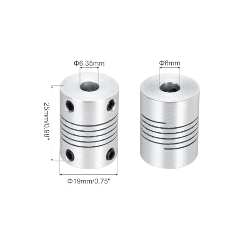 uxcell 2Pcs 6.35mm to 6mm Aluminum Alloy Shaft Coupling L25xD19 Flexible Coupler Beam for 3D Printer CNC Machine DIY Encoders and Motors Shaft,Silver - size: 6.35mm to 6mm