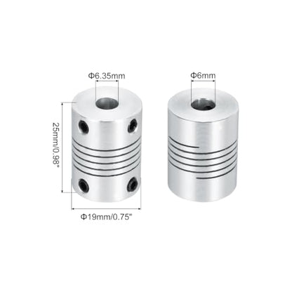 uxcell 2Pcs 6.35mm to 6mm Aluminum Alloy Shaft Coupling L25xD19 Flexible Coupler Beam for 3D Printer CNC Machine DIY Encoders and Motors Shaft,Silver - size: 6.35mm to 6mm