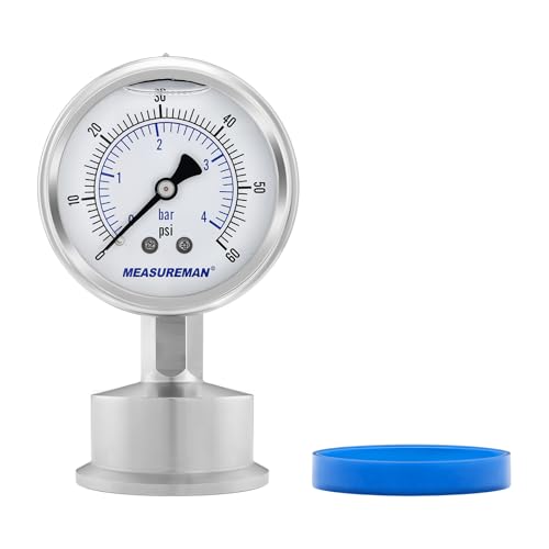 MEASUREMAN Stainless Steel Sanitary Pressure Gauge, 2.5” Dial, 0-60 PSI, Glycerin-Filled for Accuracy, 1.5” Tri Clamp Bottom Mount for Food, Dairy, and Pharmaceutical Applications - size: 2.5",0-60 psi/bar, style: Lower Mount
