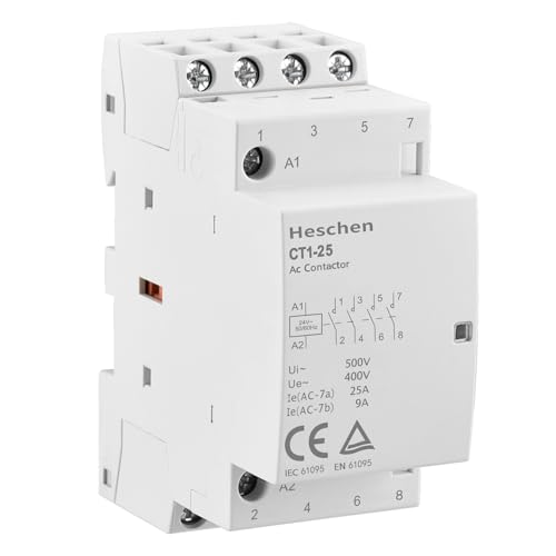 Heschen Household AC Contactor, CT1-25, Ie 25A, 4-Pole Four Normally Open, AC 24V Coil Voltage, 35mm DIN Rail Mount