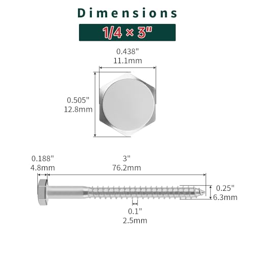 1/4 x 3 Hex Head Lag Screws Bolts with Flat Washers (10 Sets), 304 Stainless Steel 18/8, Partial Thread, Deck Screws, Heavy Duty Hex Head Wood Lag Screws, Fayeploo - size: 1/4 x 3"