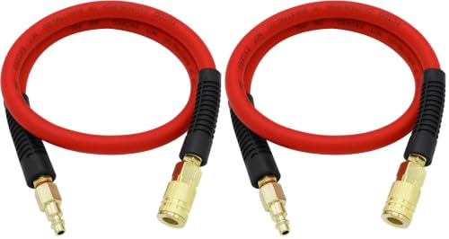 YOTOO Hybrid Lead-in Air Hose 3/8-Inch by 3-Feet 300 PSI Heavy Duty, Lightweight, Kink Resistant, All-Weather Flexibility with Bend Restrictors, 1/4" Industrial Quick Coupler and Plug, Red (Pack of 2) - size: 10 Feet (Pack of 2)