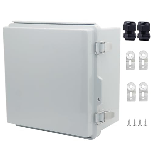 IP67 Waterproof Junction Box, ABS Plastic Electrical Enclosure with Stainless Steel Latch, Hinged Cover Electric Box with Mounting Plate, Wall Brackets & Cable Glands 210x210x130 - color: Grey, size: 8.3"x8.3"x5.1"