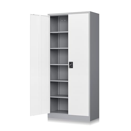 RAVIGIN Metal Garage Storage Cabinet with Lock, 72" Locking Tool Cabinet with 2 Doors and 5 Adjustable Shelves, Tall Steel Cabinet Garage for Home,Office,Warehouse，School (Grey White) - color: Grey & White, size: 72 IN