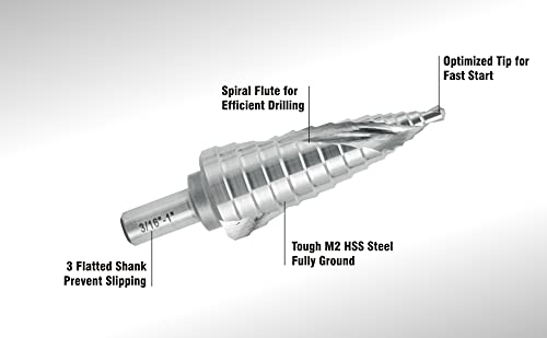 Industrial HSS Step Drill Bit 3/16'' to 1'' with 3/8'' Shank, Unibit Double Spiral Flute with 14 Step Size for Metal, Stainless Steel, Aluminum, Plastic - size: 3/16''- 1''