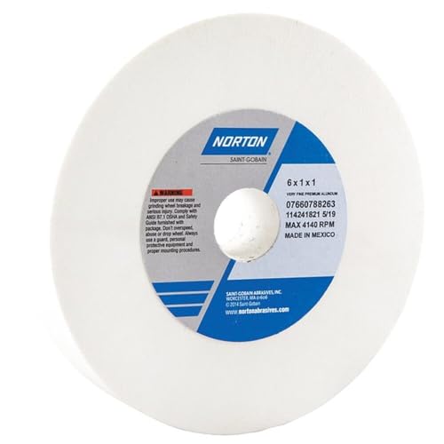 Norton Bench and Pedestal Grinding Wheel, Premium Alundum Type 01, Very Fine Grit, White Aluminum Oxide Abrasive, 1" Arbor Hole, 6" Diameter x 1" Thick