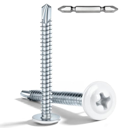 100 PCS #8 x 2 Sheet Metal Screws, Phillips Modified Truss Head Self Drilling Screws, Zinc-Plated, White Head Self Tapping Screws for Metal, Wood, Plastic, Double-Ended Bit Included - color: White, size: #8 x 2"