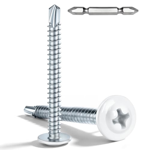 100 PCS #8 x 2 Sheet Metal Screws, Phillips Modified Truss Head Self Drilling Screws, Zinc-Plated, White Head Self Tapping Screws for Metal, Wood, Plastic, Double-Ended Bit Included - color: White, size: #8 x 2"