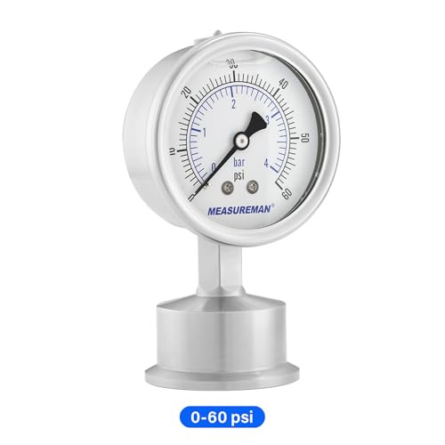 MEASUREMAN Stainless Steel Sanitary Pressure Gauge, 2.5” Dial, 0-60 PSI, Glycerin-Filled for Accuracy, 1.5” Tri Clamp Bottom Mount for Food, Dairy, and Pharmaceutical Applications - size: 2.5",0-60 psi/bar, style: Lower Mount