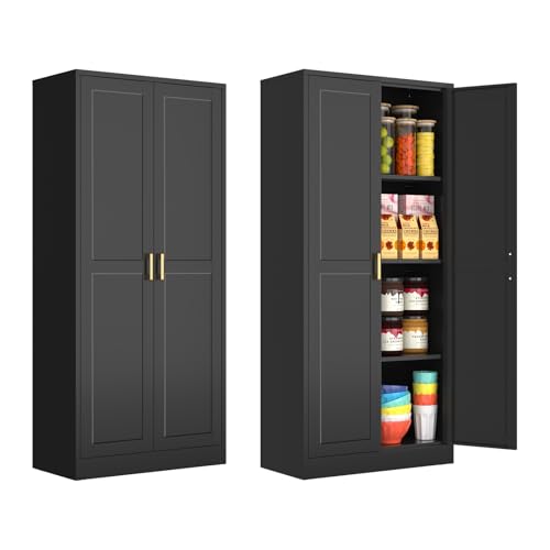 Polup 60" Black Metal Kitchen Pantry Storage Cabinet with Doors and Shelves - color: Black, size: 60"H with No Drawers