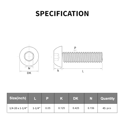 VGBUY 45Pcs 1/4-20 x 1-1/4" Button Head Socket Cap Bolts Screws,304 Stainless Steel 18-8,Black Zinc Plating,Fully Threaded,With Spanner Allen Hex Drive, For Furniture,Water Pump,Light Fixture(VG10307) - color: Black, size: 1/4-20 x 1-1/4"