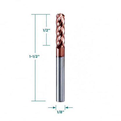 NZ 1/8" 4-Flute Ball Nose End Mill TiSiN Coated Carbide CNC Router Bits for Machining Stainless Steel, Alloy Steel and Titanium Alloy, 5-Pack - size: 1/8 inch