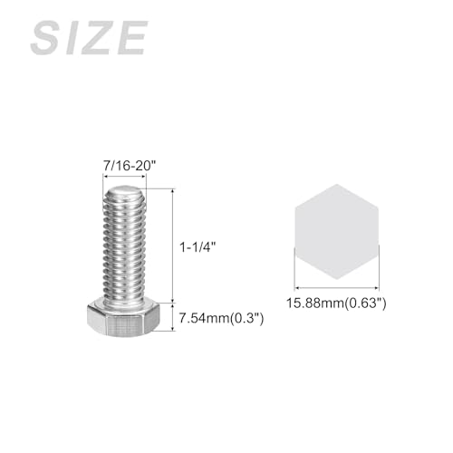 METALLIXITY Hex Head Bolts (7/16-20 x 1-1/4") 6Pcs, 304 Stainless Steel 18-8 Fully Threaded, External Hex Drive, Plain Finish, Hex Head Screw Bolt, Silver - size: 7/16-20x1-1/4"