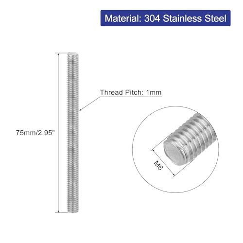 uxcell 8Pcs Fully Threaded Rod, M6 x 75mm 304 Stainless Steel Right Hand Thread Bar Studs M6-1 Thread Pitch for Furniture Machinery Assembly - size: M6 x 75mm