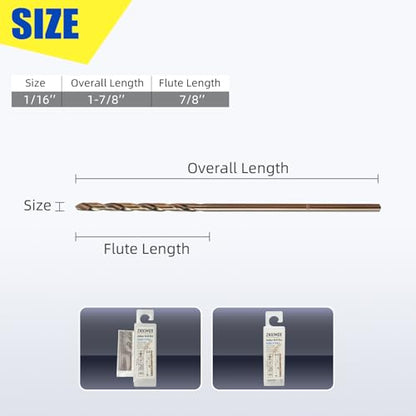 Cobalt Drill Bit 1/16" Twist Drill Bits, M35 High Speed Steel Jobber Length Drill Bit, 135 Degree Tip for Hard Metal, Stainless Steel, Cast Iron with Index Storage Case, Pack of 10 pcs - size: 1/16 in(10pcs)