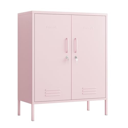 Pink 2-Door Lockable Metal Storage Cabinet, Heavy Duty 3-Tier Tall Locker with Removable Shelves, Multifunctional Accent Cabinet for Home, Office, Entryway & Hallway, Easy Assembly - color: Blush