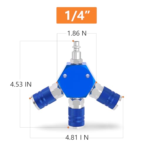 GASHER 1/4 Inch NPT Aluminum Hex Style 3-Way Air Manifold with 3 Pieces Steel Industrial Coupler and Plug, Air Compressor manifold Hose Accessories Quick Connect Fittings Air Splitter(2-Pack) - style: BLUE 2PCS