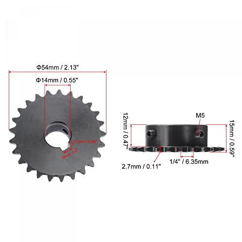 uxcell 25 Tooth Roller Sprocket B Type, #25 Chain, Single Strand 1/4" Pitch, 14mm Bore Black Oxide C45 Carbon Steel, Keyway with Set Screws for ISO 04C - size: 14mm