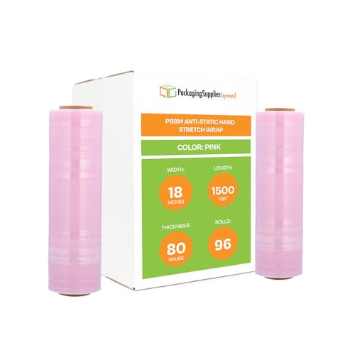 PSBM Anti-Static Stretch Wrap, 96 Pack, 18 Inch x 1500 Feet, 80 Gauge, Pink, Down Gauge Large Plastic Cling Film for Pallets Moving Storing - size: 96 Rolls
