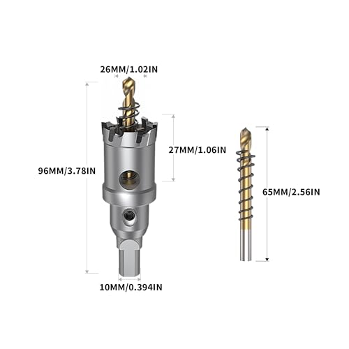 HUHAO TCT Hole Saw Kit 1-1/64"(26mm),Heavy Duty Tungsten Carbide Tipped Hole Drill Bit with Titanium-Plated Pilot Drill bit,Tipped Hole Cutters for Hard Metal,Alloy,Stainless Steel, Plastic,Iron - size: 1-1/64"(26mm)