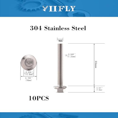 M8x1.25 x 55mm Flanged Hex Head Bolts, 304 Stainless Steel (A2-70), Bright Finish, Fully Threaded, Hexagon Head Flange Bolts, Quantity 10 - size: 55mm(10PCS)