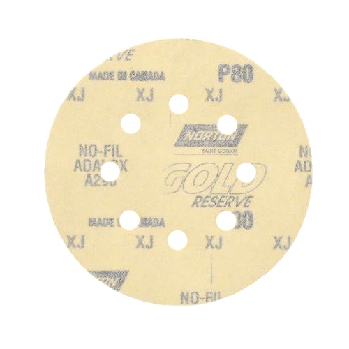 Norton 49223 Hook & Sand 80 Grit Coarse, Hook & Loop Random Orbital Discs, 5" x 8 Hole (A290), Aluminum Oxide (Pack of 25), Yellow