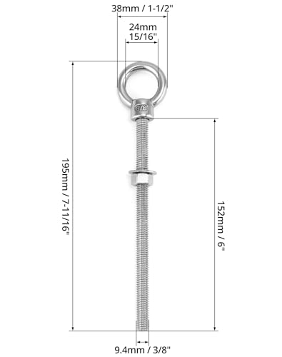 QWORK Stainless Shoulder Eye Bolts 3/8"x6", 20 Pcs Threaded Eyebolts, Fixing Kit for Wood, Metal & Outdoor Projects - color: 20 Pack, size: 3/8" x 6"